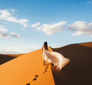 Woman in amazing silk wedding dress with fantastic view of Sahar